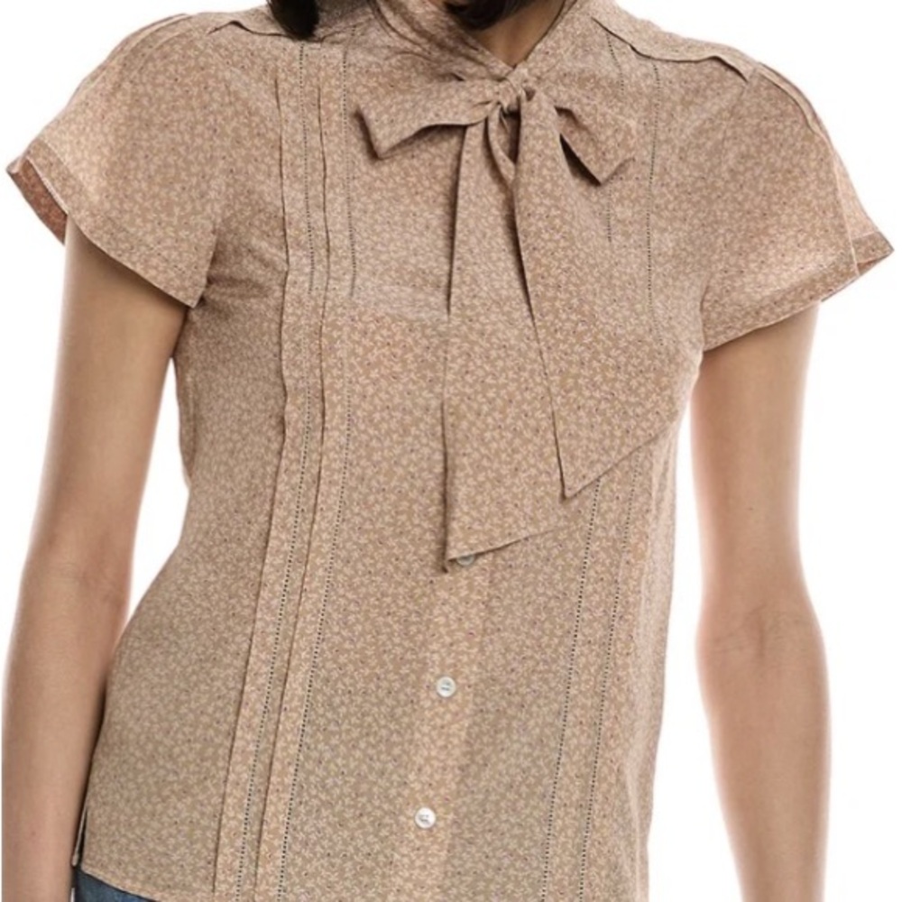 Burberry Ladies Light Copper Tie Neck Floral Print Silk Shirt Brand New w/Tags